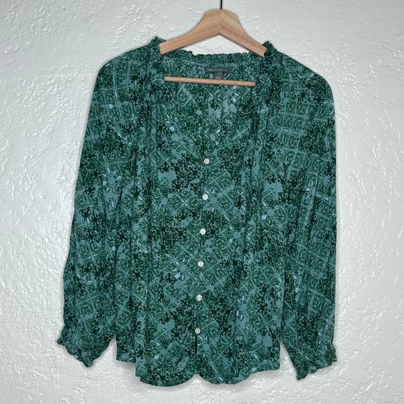 Style & Co Women's Green Boho Peasant Shine Woven Top Smocked Medium - Picture 2 of 6